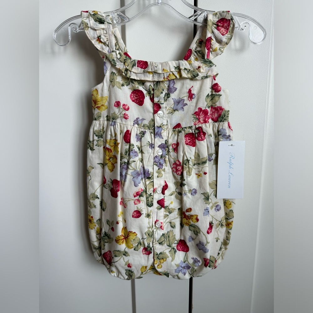 Baby Girl Ralph Lauren Flowers and Strawberries Bubble Shortall